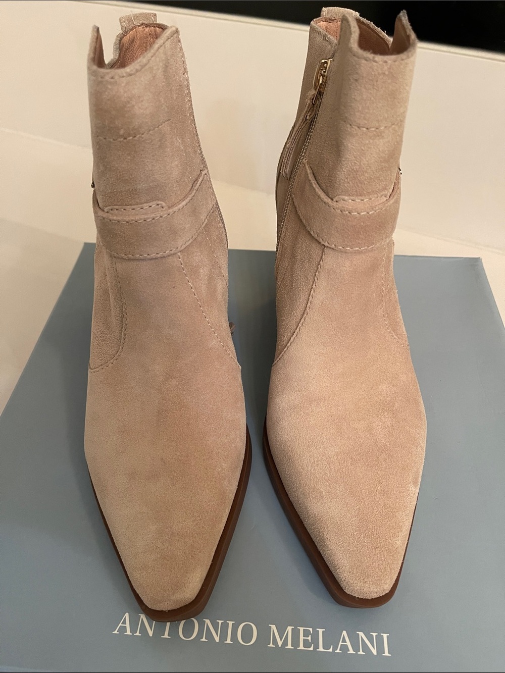 ANTONIO MELANI Blush Nude Suede Pointed Ankle Boots